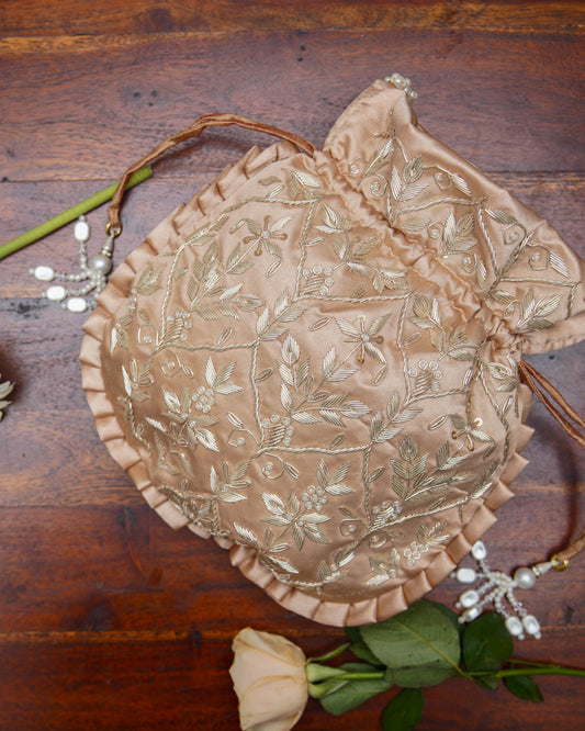 Pale Copper Silk Embroidered Potli Bag (With Handle)