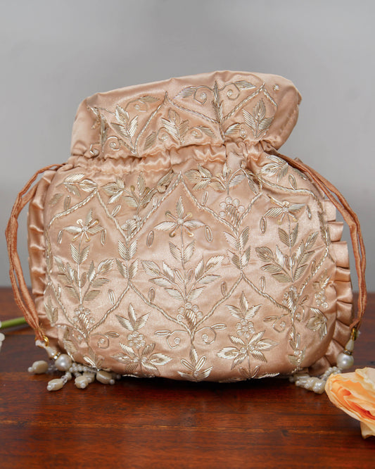 Pale Copper Silk Embroidered Potli Bag (With Handle)