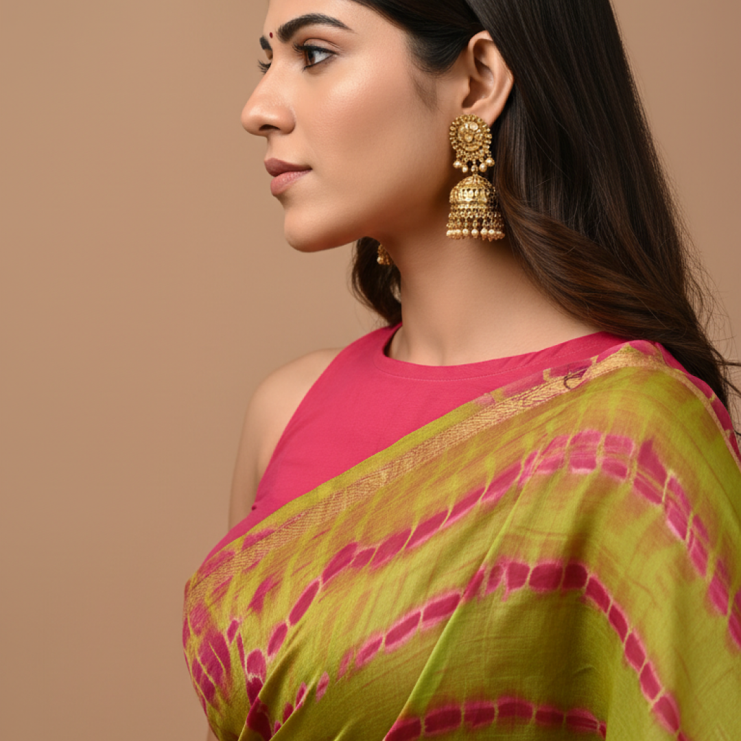 Parrot Green Pink Hand Block Printed Chanderi Silk Saree with Blouse | Natural Dye Chanderi Saree