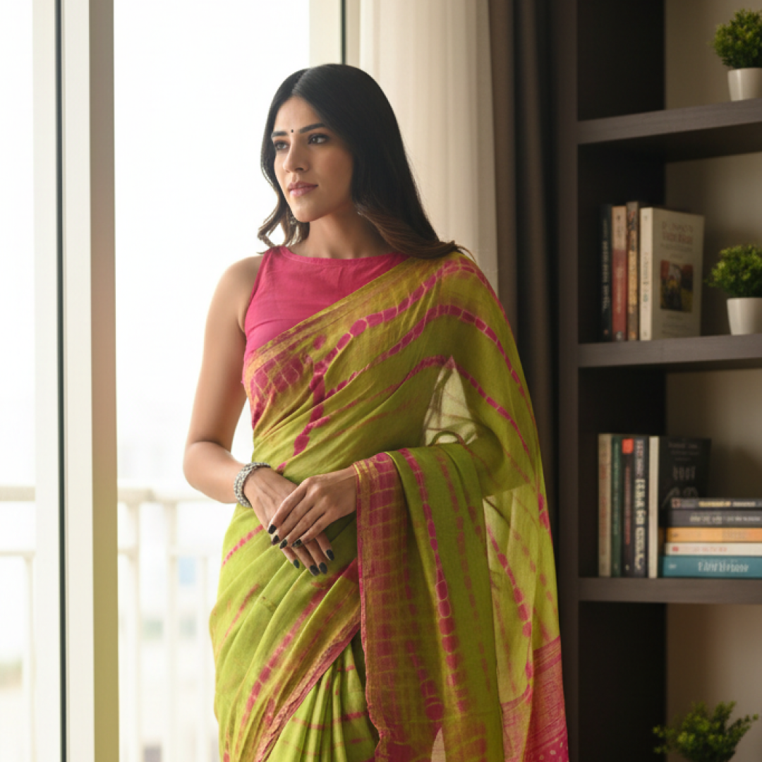 Parrot Green Pink Hand Block Printed Chanderi Silk Saree with Blouse | Natural Dye Chanderi Saree