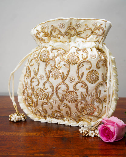 Pearl White Silk Embroidered Potli Bag (With Handle)