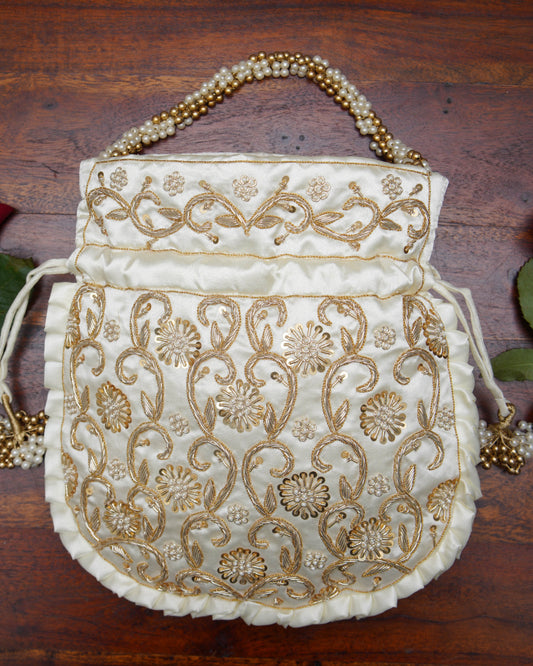 Pearl White Silk Embroidered Potli Bag (With Handle)