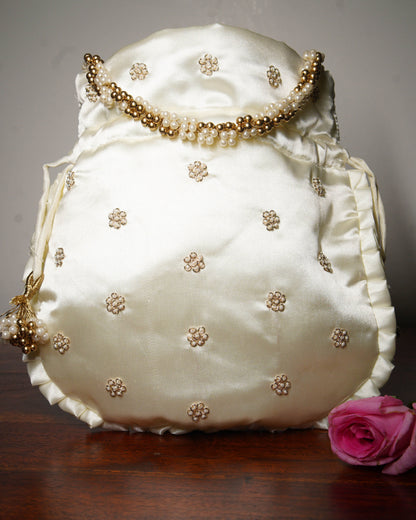 Pearl White Silk Embroidered Potli Bag (With Handle)