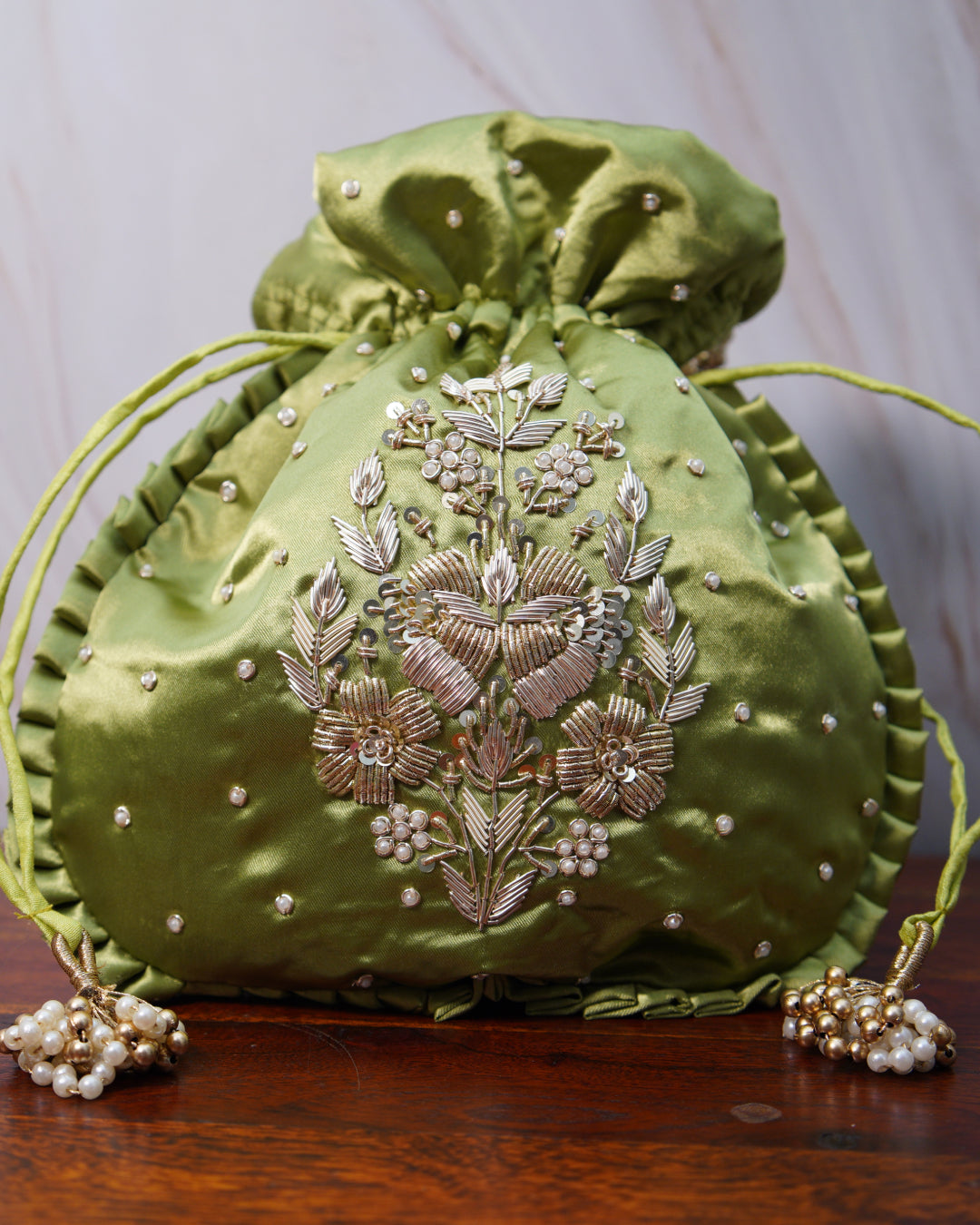 Pistachio Green Silk Embroidered Potli Bag (With Handle)