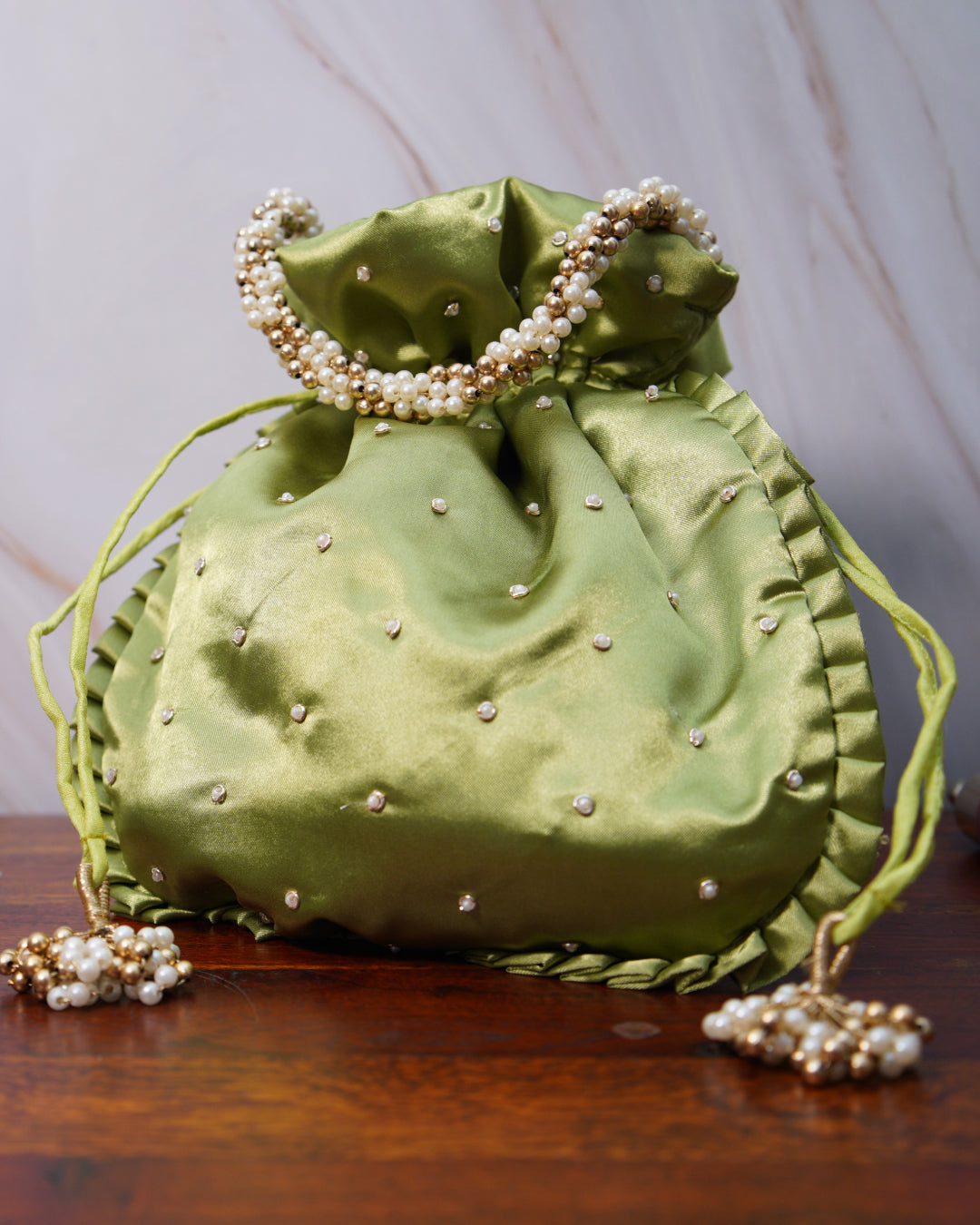 Pistachio Green Silk Embroidered Potli Bag (With Handle)