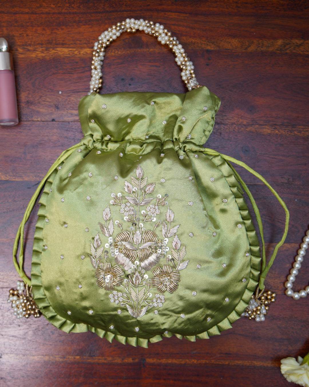Pistachio Green Silk Embroidered Potli Bag (With Handle)