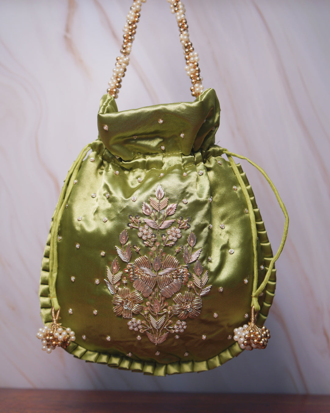 Pistachio Green Silk Embroidered Potli Bag (With Handle)