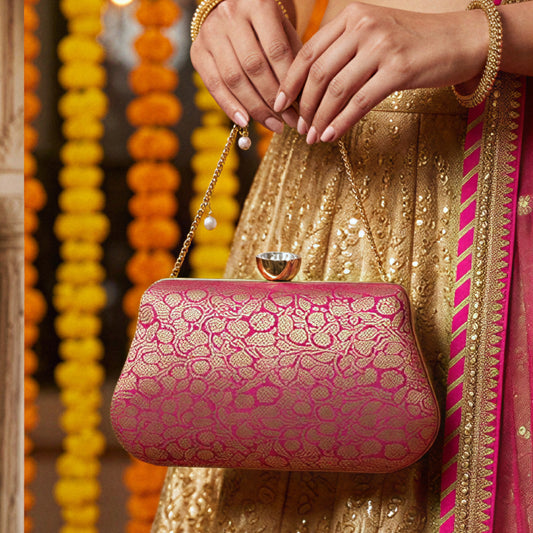 Purple Pure Banarasi Brocade 2-in-1 Clutch & Sling Bag with Diamond Top