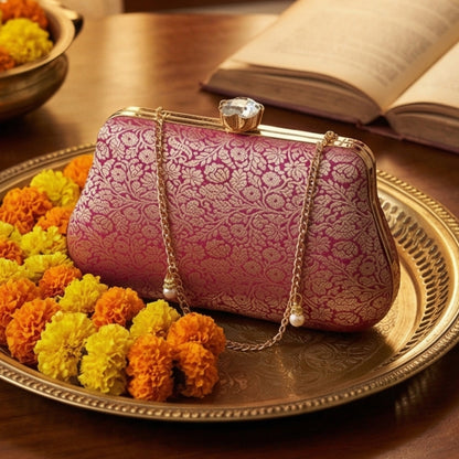 Purple Pure Banarasi Brocade 2-in-1 Clutch & Sling Bag with Diamond Top