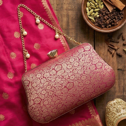 Purple Pure Banarasi Brocade 2-in-1 Clutch & Sling Bag with Diamond Top