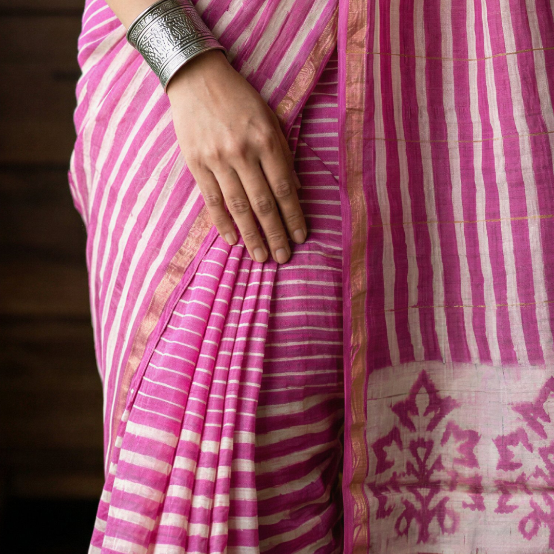 Rose Blossom Hand Block Printed Chanderi Silk Saree with Blouse | Natural Dye Chanderi Saree