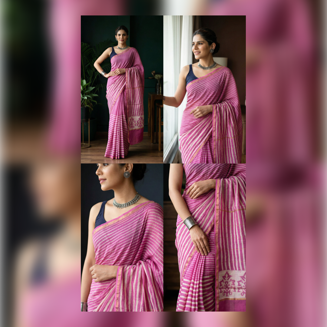 Rose Blossom Hand Block Printed Chanderi Silk Saree with Blouse | Natural Dye Chanderi Saree