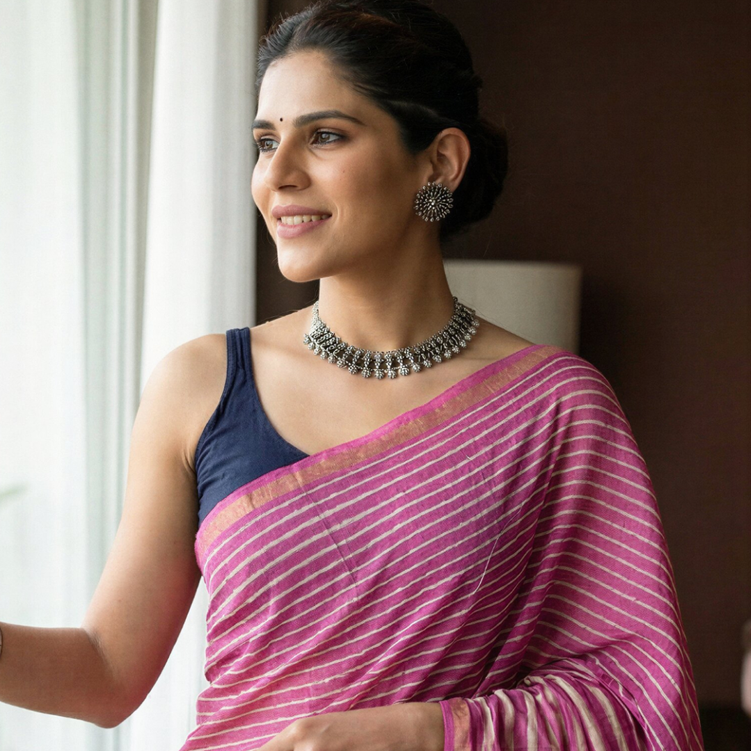 Rose Blossom Hand Block Printed Chanderi Silk Saree with Blouse | Natural Dye Chanderi Saree