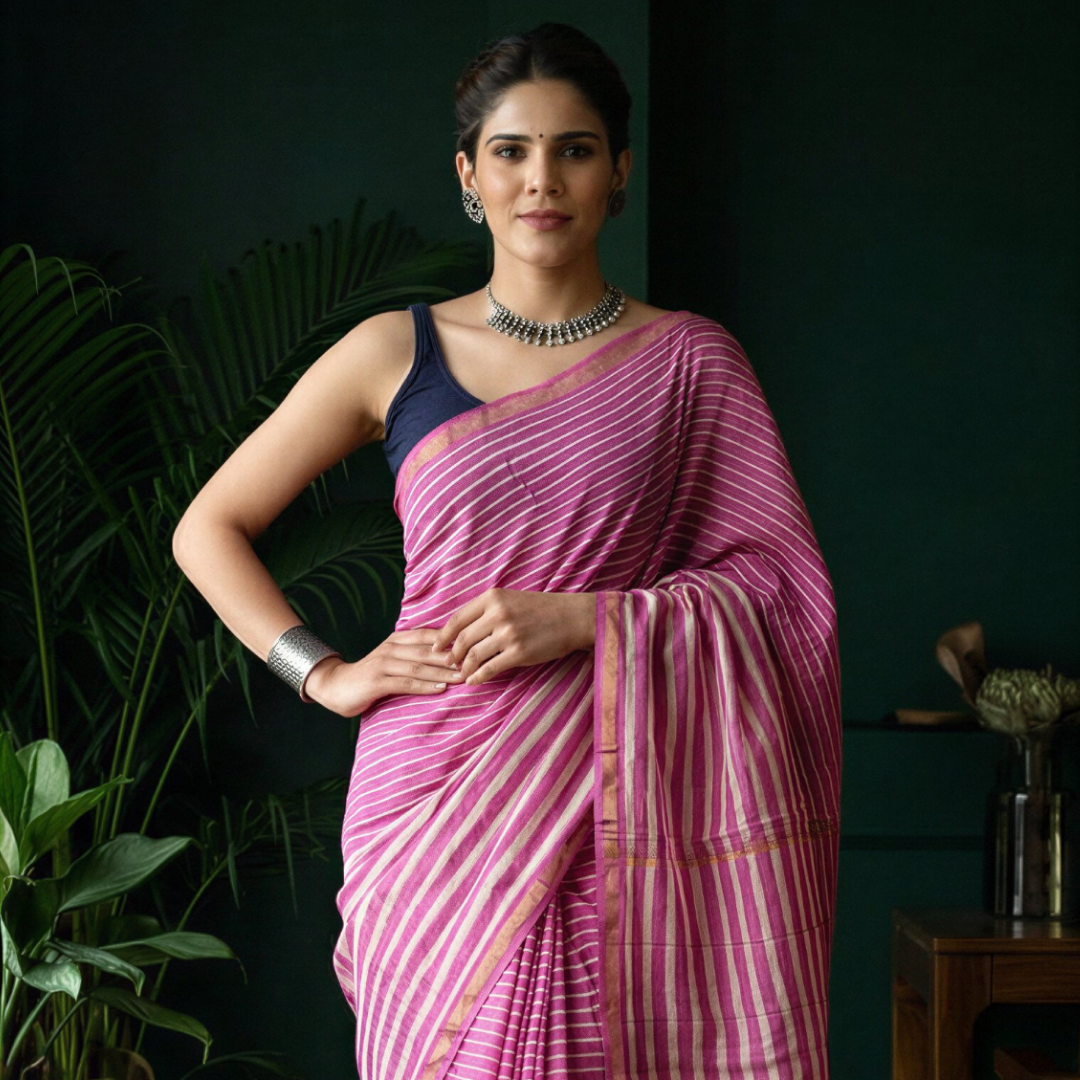 Rose Blossom Hand Block Printed Chanderi Silk Saree with Blouse | Natural Dye Chanderi Saree