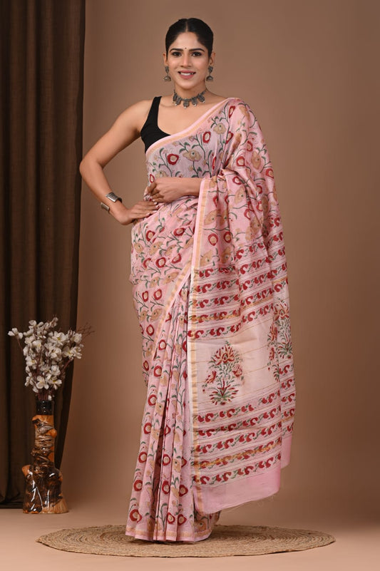 Rose Petal Hand Block Printed Chanderi Silk Saree with Blouse | Natural Dye Chanderi Saree