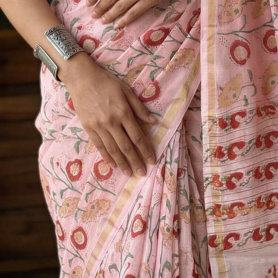 Rose Petal Hand Block Printed Chanderi Silk Saree with Blouse | Natural Dye Chanderi Saree