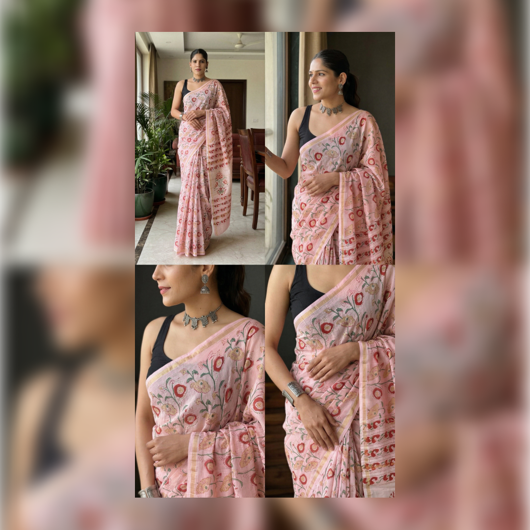 Rose Petal Hand Block Printed Chanderi Silk Saree with Blouse | Natural Dye Chanderi Saree
