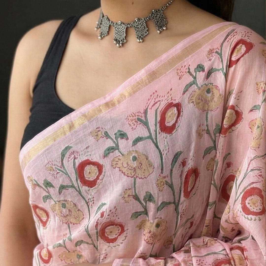 Rose Petal Hand Block Printed Chanderi Silk Saree with Blouse | Natural Dye Chanderi Saree