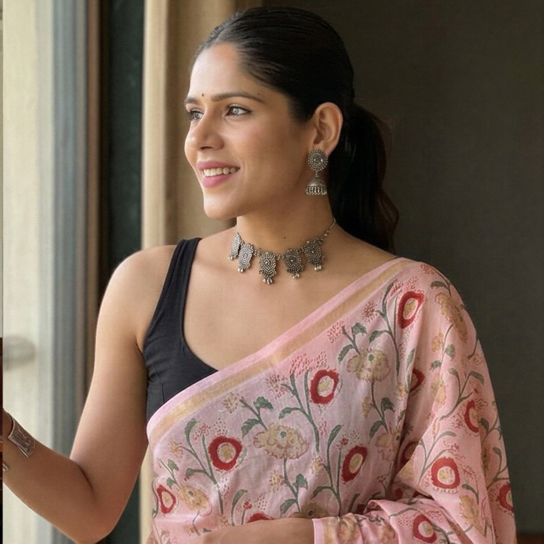 Rose Petal Hand Block Printed Chanderi Silk Saree with Blouse | Natural Dye Chanderi Saree