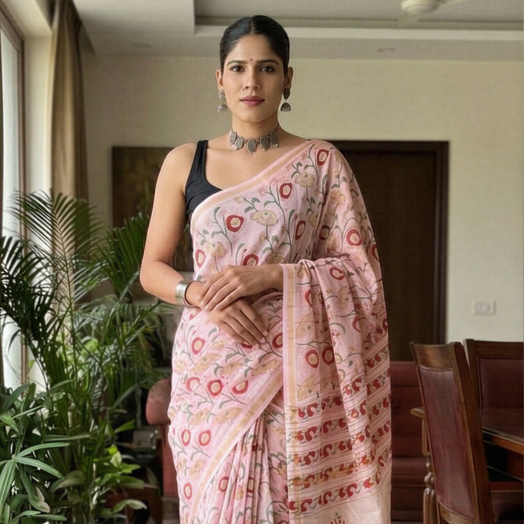 Rose Petal Hand Block Printed Chanderi Silk Saree with Blouse | Natural Dye Chanderi Saree