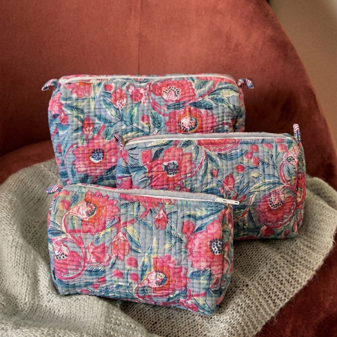 3-Piece Quilted Cosmetic Organizer Pouch Set (Rose Garden)