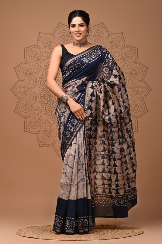 Royal Indigo Indigo Hand Block Printed Chanderi Silk Saree with Blouse | Natural Dye Chanderi Saree