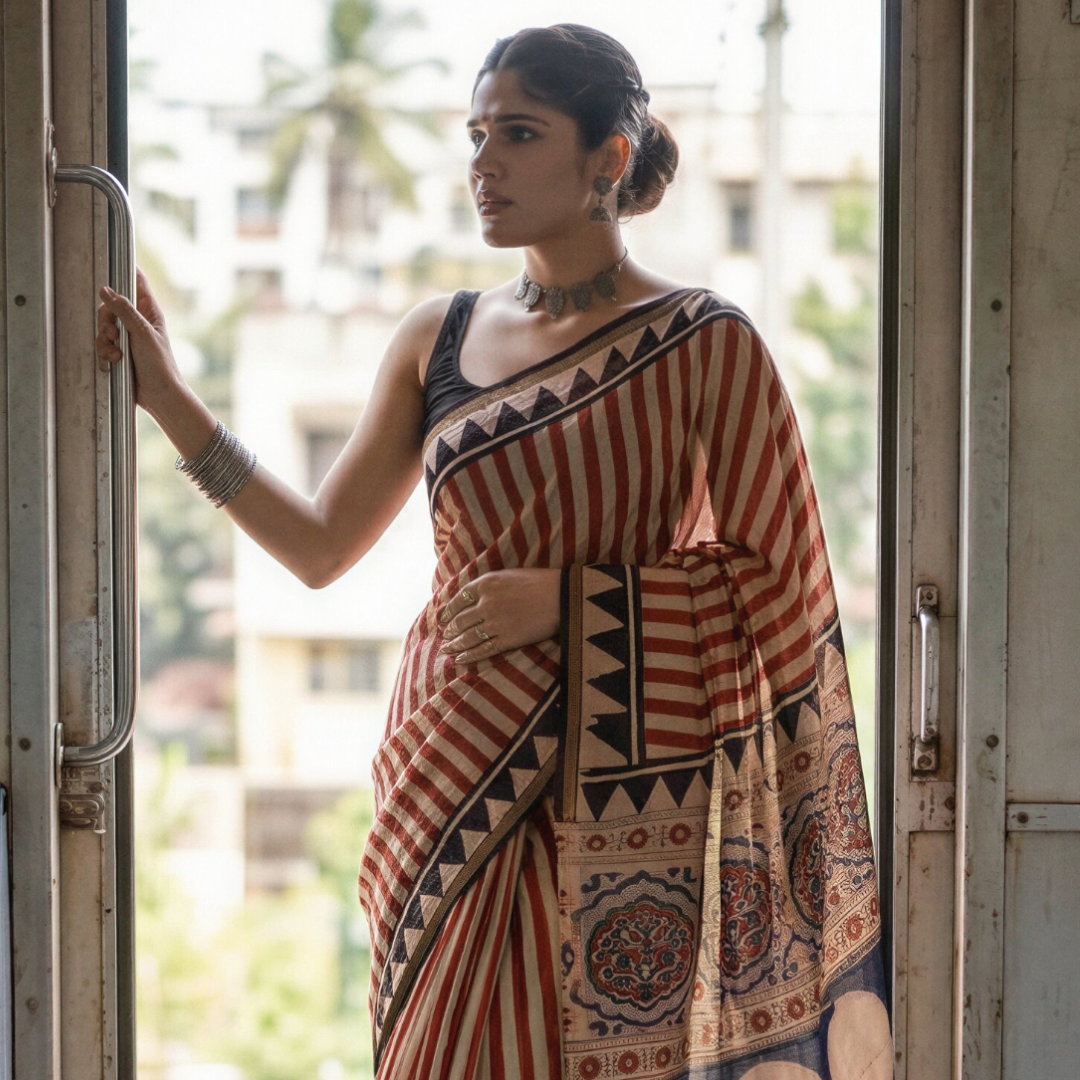 Rust Cream Hand Block Printed Chanderi Silk Saree with Blouse | Natural Dye Chanderi Saree