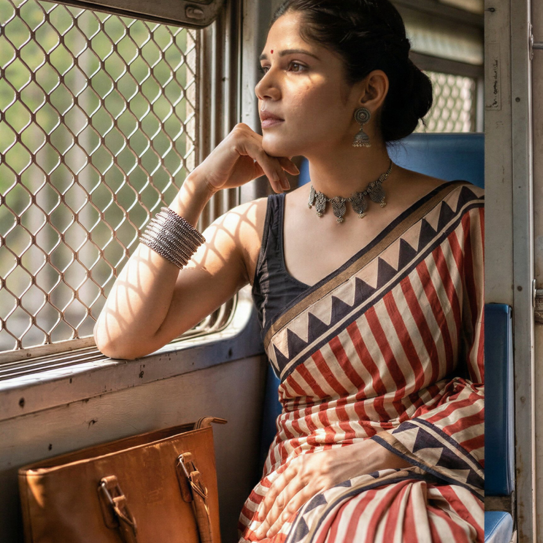 Rust Cream Hand Block Printed Chanderi Silk Saree with Blouse | Natural Dye Chanderi Saree