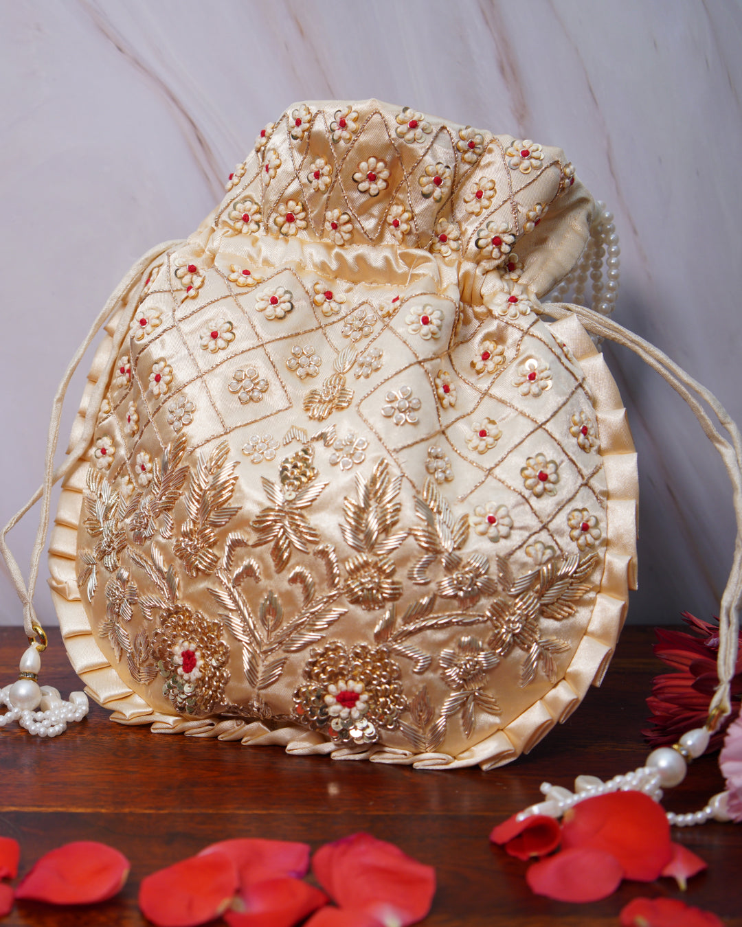 Golden White With Red Silk Embroidered Potli Bag (With Handle)