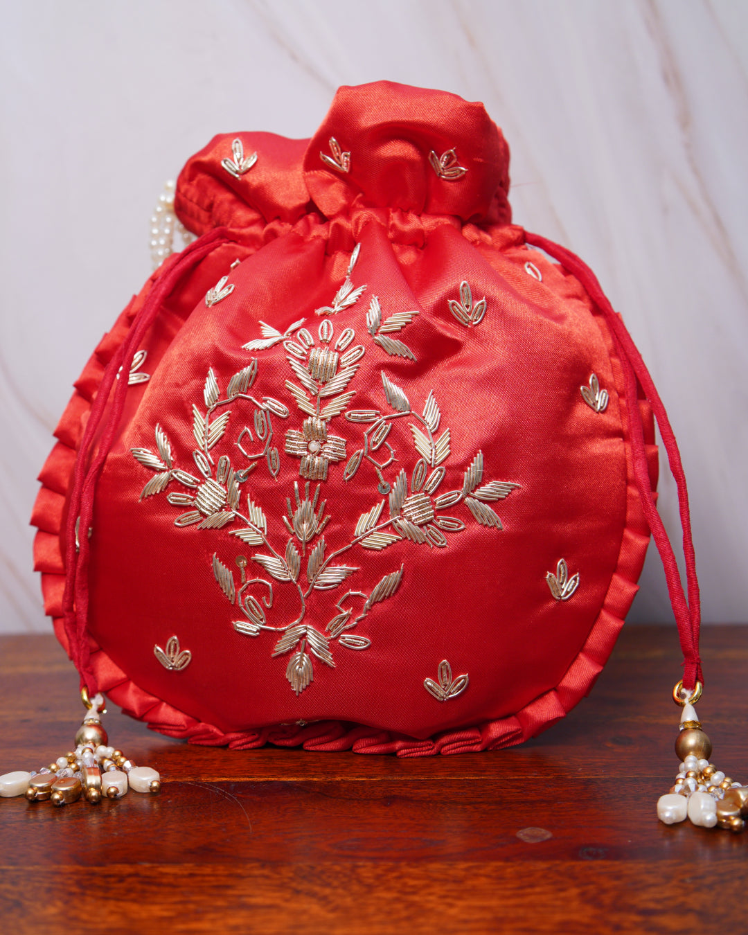 Scarlet Red Silk Embroidered Potli Bag (With Handle)