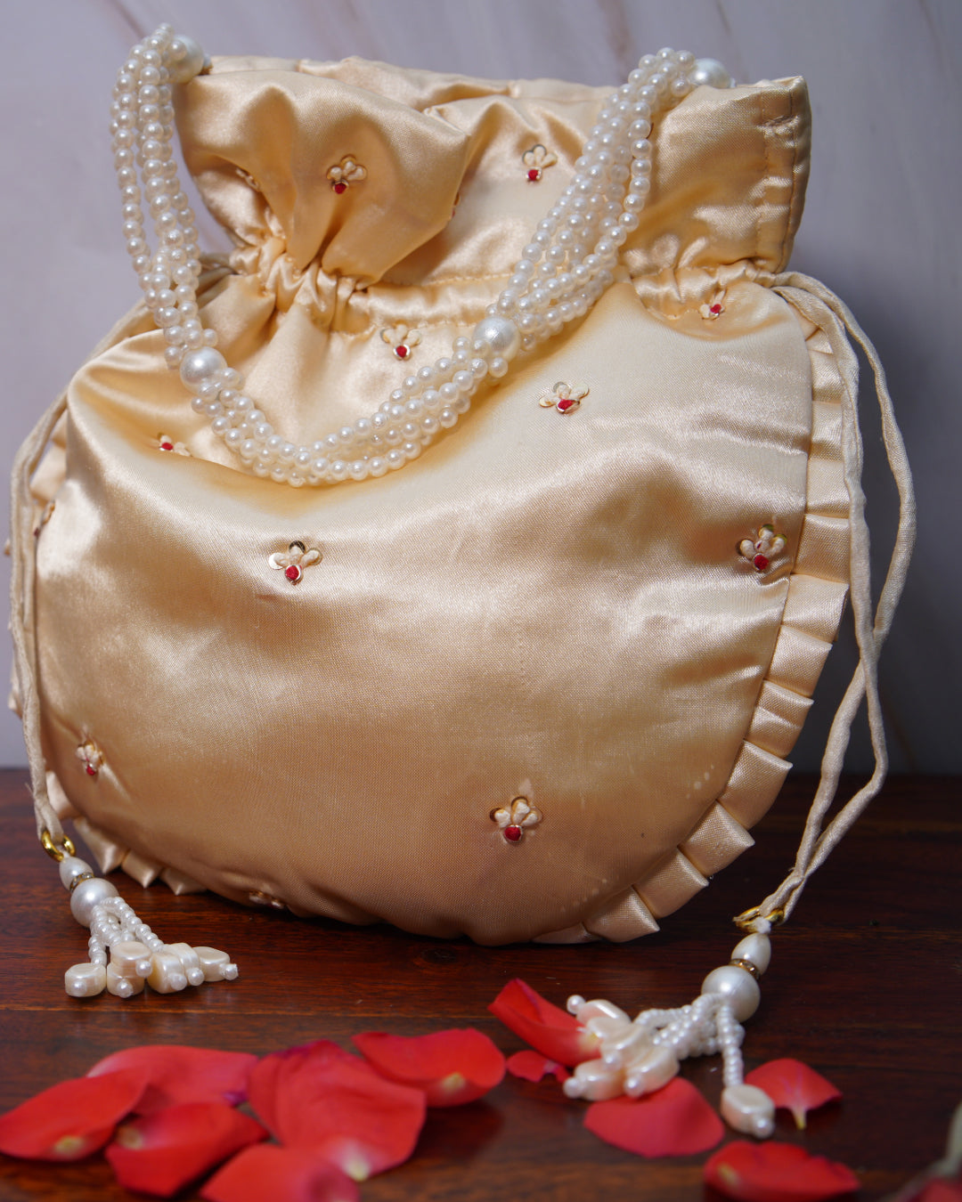 Golden White With Red Silk Embroidered Potli Bag (With Handle)
