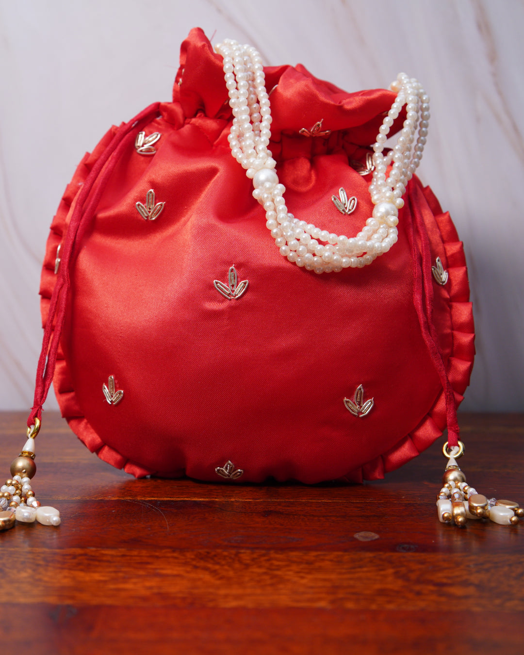Scarlet Red Silk Embroidered Potli Bag (With Handle)