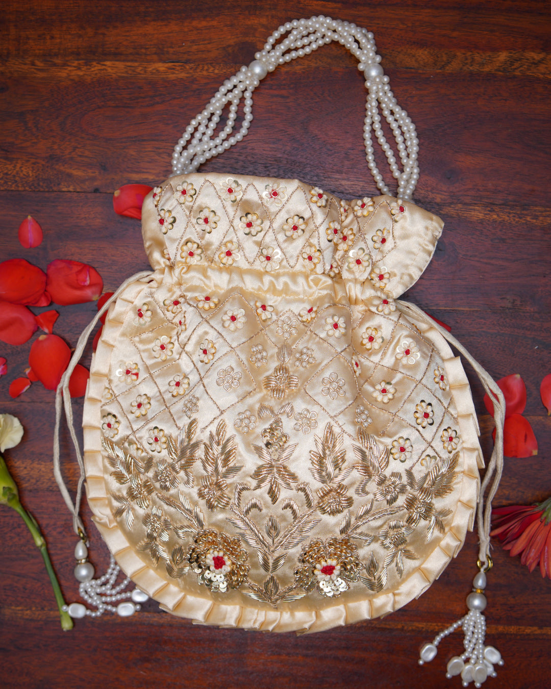 Golden White With Red Silk Embroidered Potli Bag (With Handle)