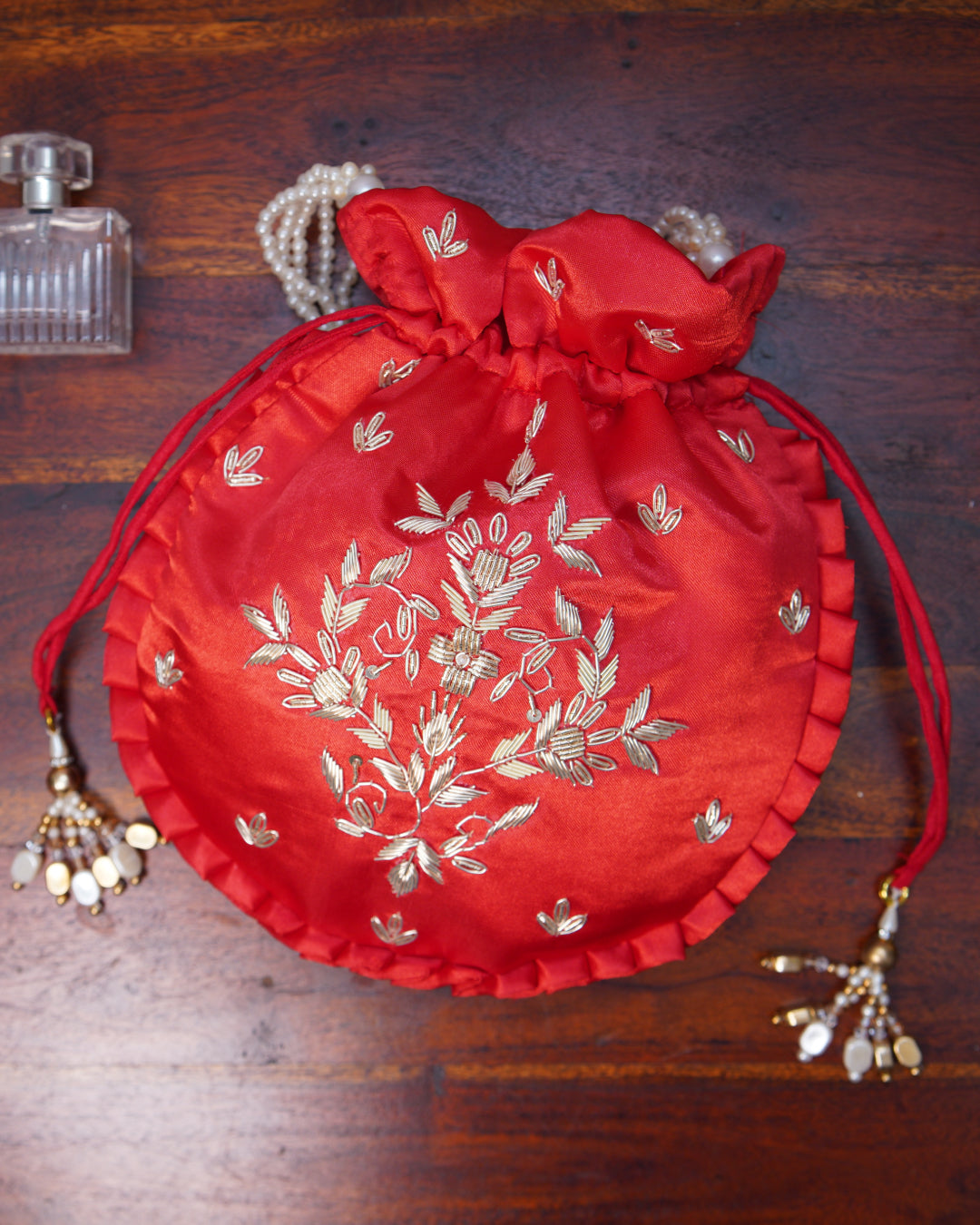 Scarlet Red Silk Embroidered Potli Bag (With Handle)