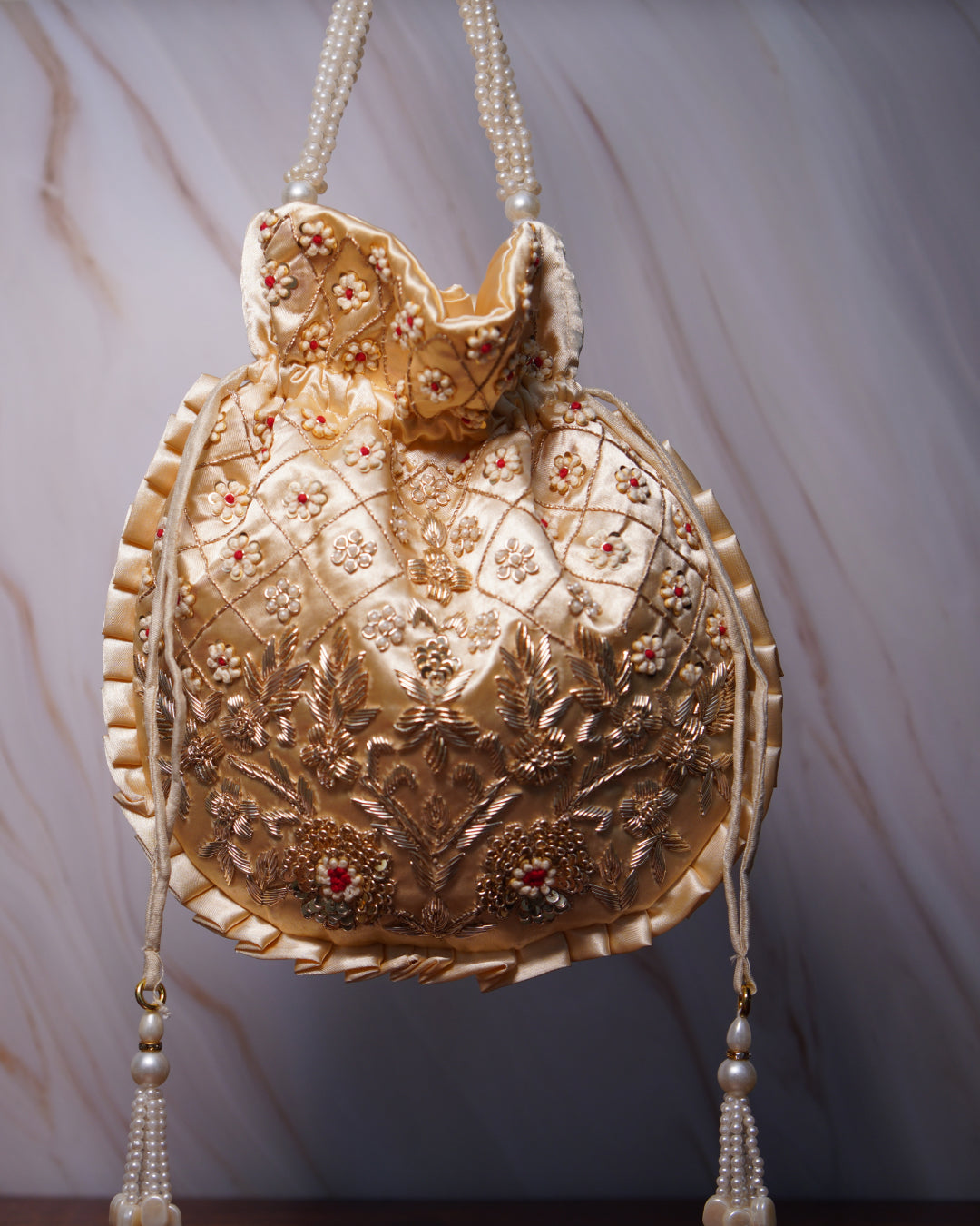 Golden White With Red Silk Embroidered Potli Bag (With Handle)