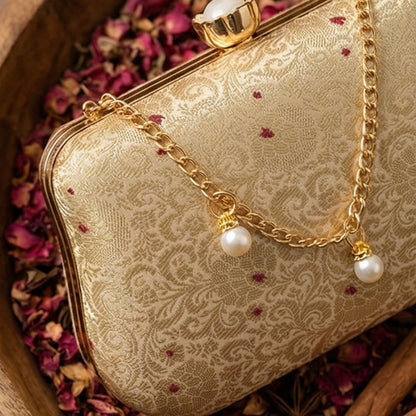 Off White Pure Banarasi Brocade 2-in-1 Clutch & Sling Bag with Diamond Top