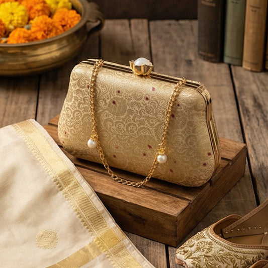 Off White Pure Banarasi Brocade 2-in-1 Clutch & Sling Bag with Diamond Top