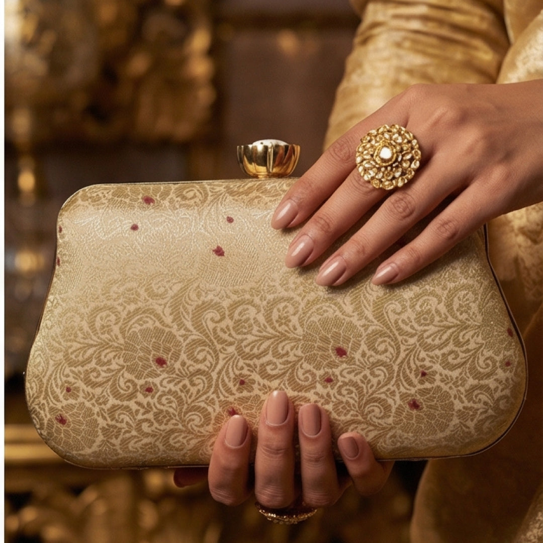 Off White Pure Banarasi Brocade 2-in-1 Clutch & Sling Bag with Diamond Top