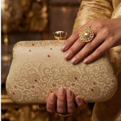 Off White Pure Banarasi Brocade 2-in-1 Clutch & Sling Bag with Diamond Top