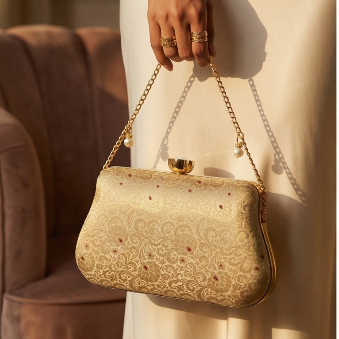 Off White Pure Banarasi Brocade 2-in-1 Clutch & Sling Bag with Diamond Top