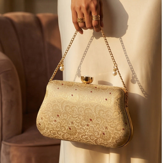 Off White Pure Banarasi Brocade 2-in-1 Clutch & Sling Bag with Diamond Top