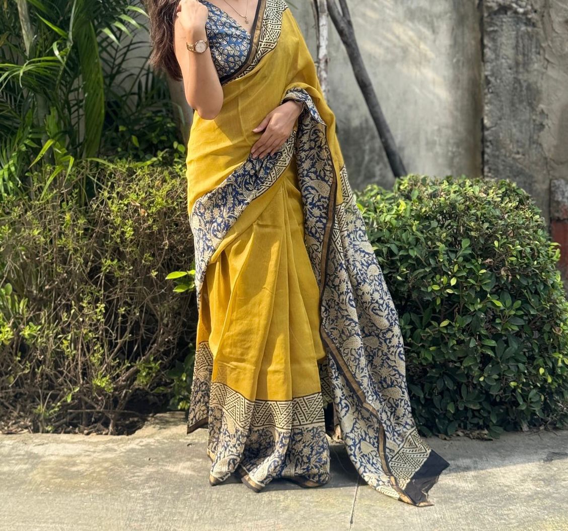 Sun Gold Indigo Hand Block Printed Chanderi Silk Saree with Blouse | Natural Dye Chanderi Saree