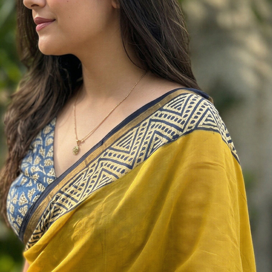 Sun Gold Indigo Hand Block Printed Chanderi Silk Saree with Blouse | Natural Dye Chanderi Saree