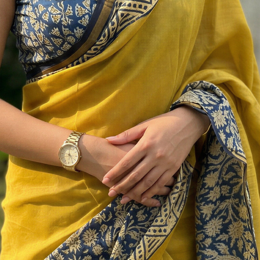 Sun Gold Indigo Hand Block Printed Chanderi Silk Saree with Blouse | Natural Dye Chanderi Saree