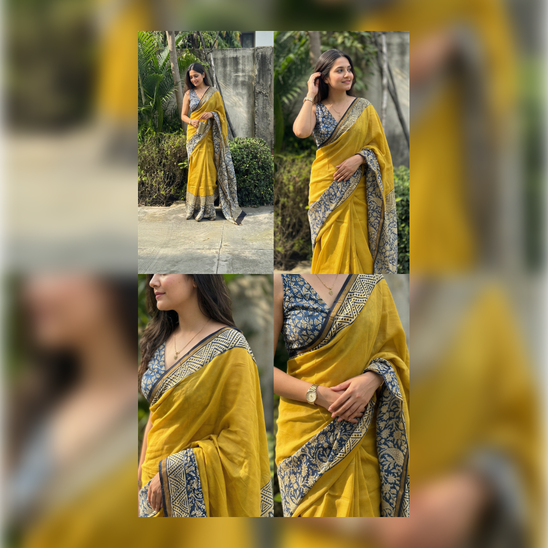 Sun Gold Indigo Hand Block Printed Chanderi Silk Saree with Blouse | Natural Dye Chanderi Saree