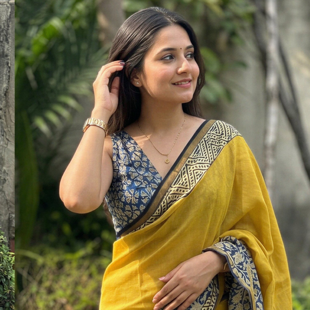 Sun Gold Indigo Hand Block Printed Chanderi Silk Saree with Blouse | Natural Dye Chanderi Saree