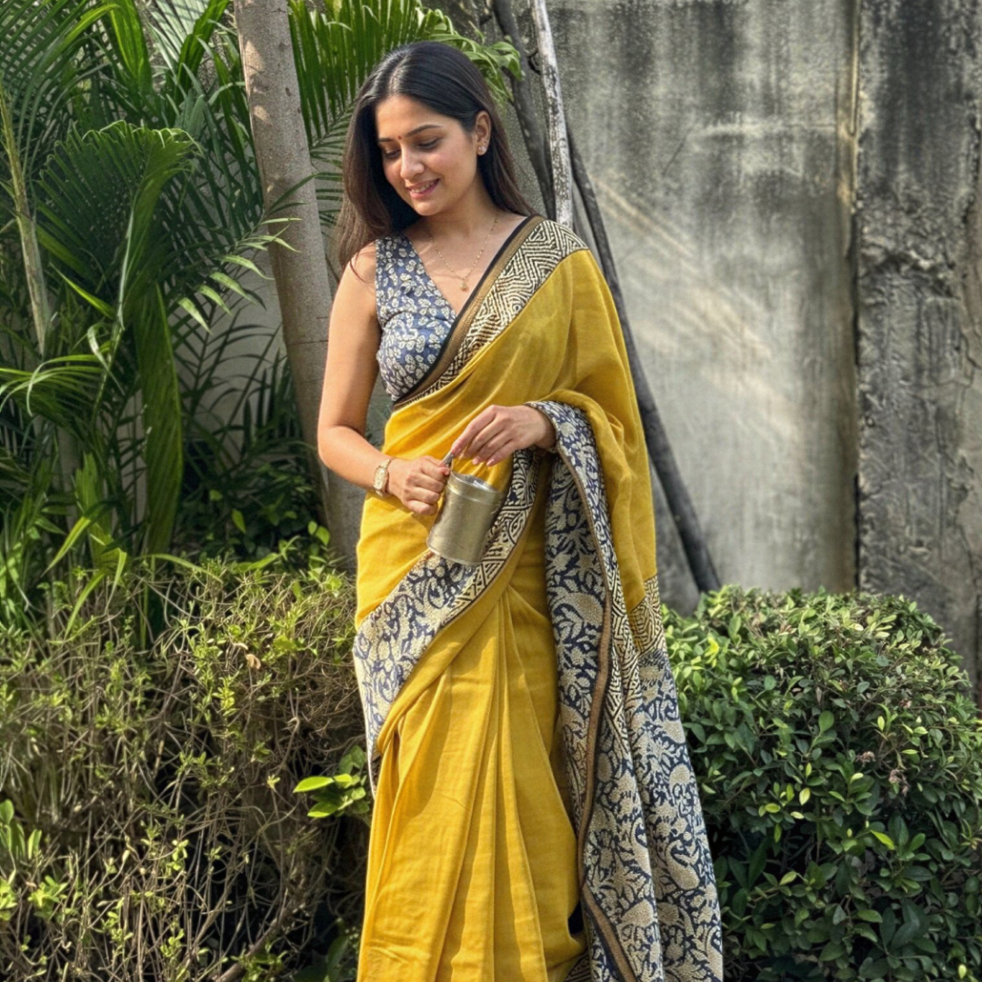 Sun Gold Indigo Hand Block Printed Chanderi Silk Saree with Blouse | Natural Dye Chanderi Saree