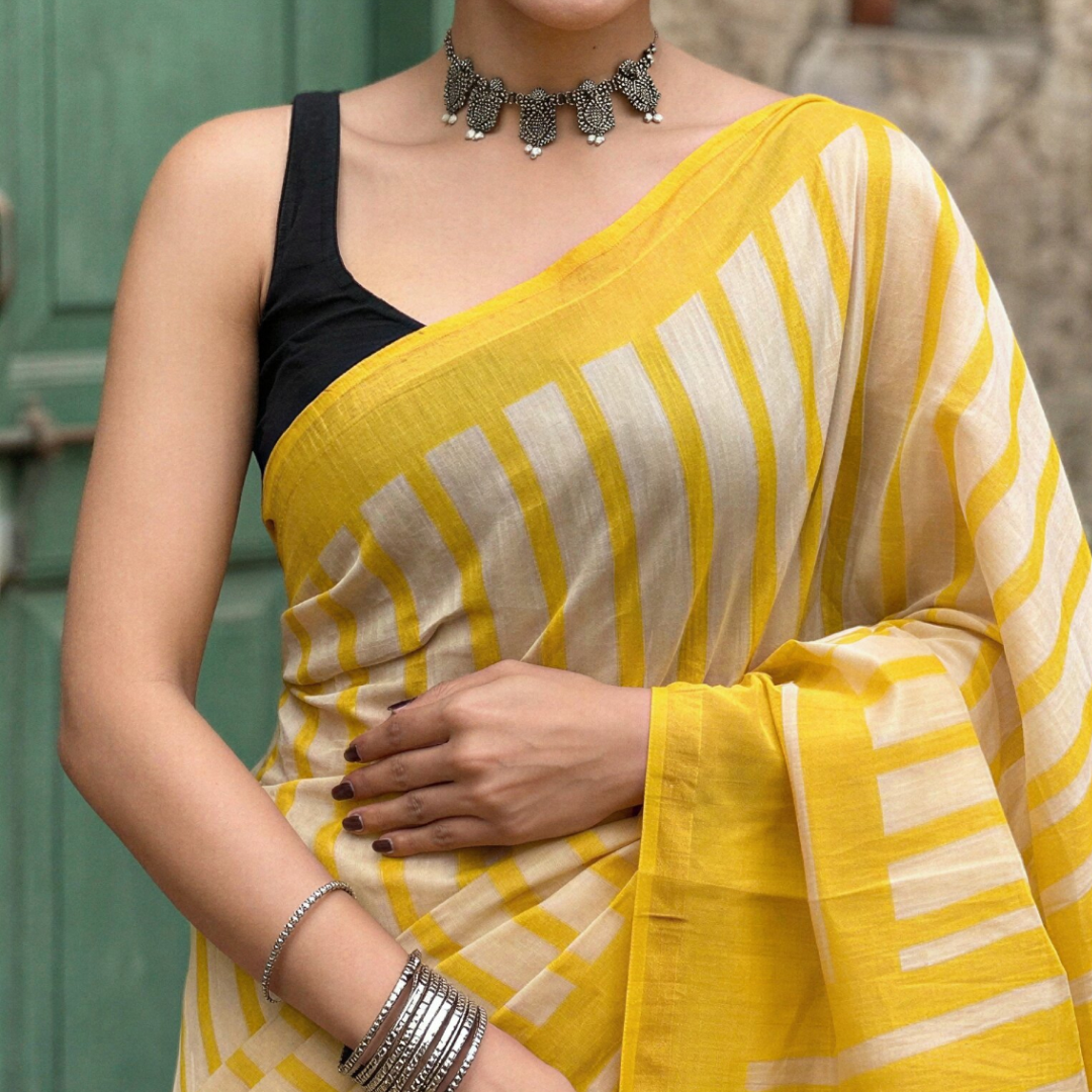 Sunlit Yellow Hand Block Printed Chanderi Silk Saree with Blouse | Natural Dye Chanderi Saree