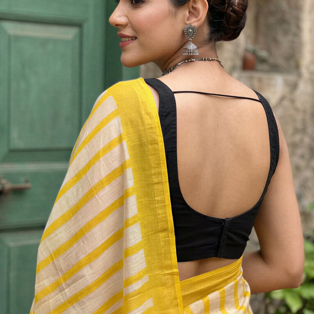 Sunlit Yellow Hand Block Printed Chanderi Silk Saree with Blouse | Natural Dye Chanderi Saree