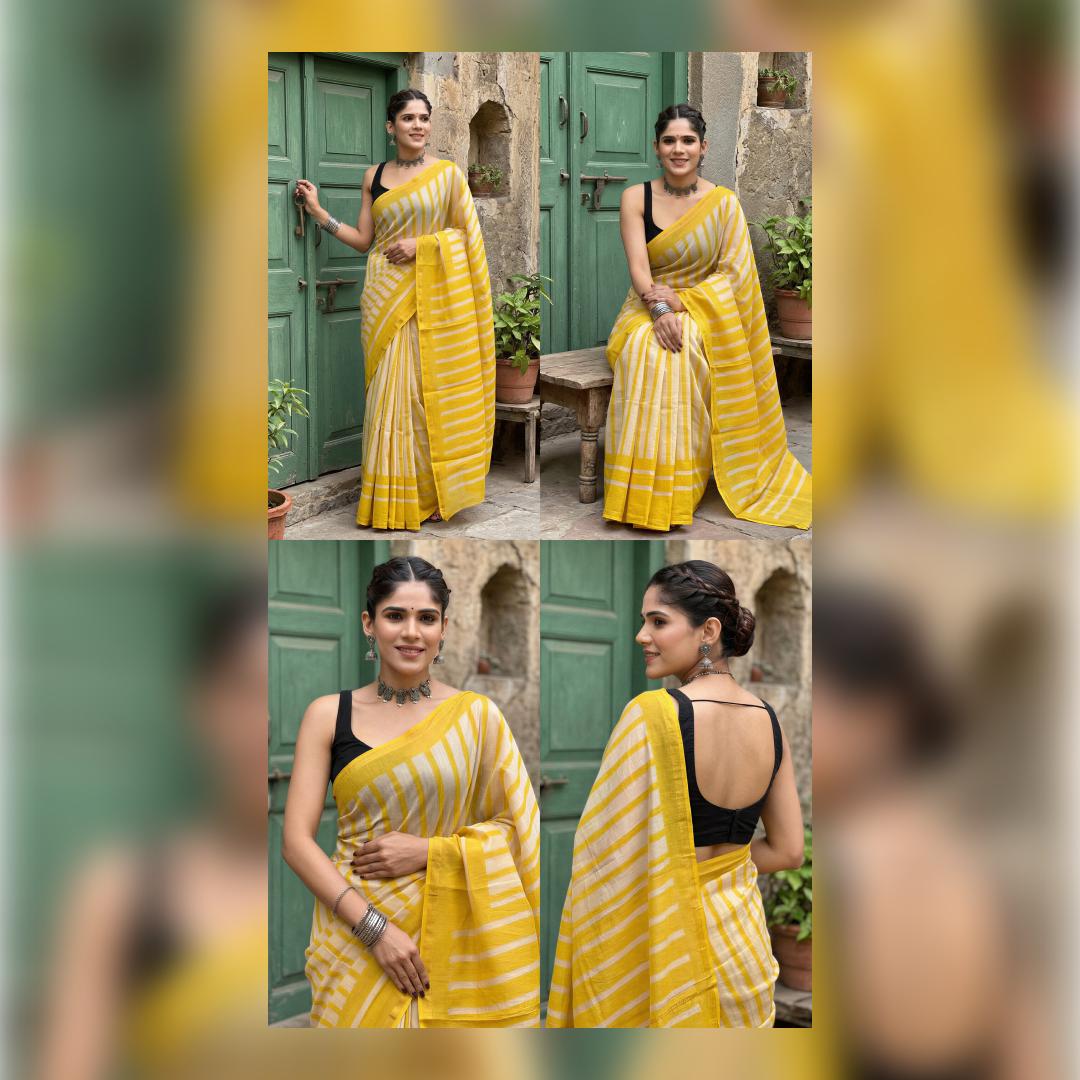 Sunlit Yellow Hand Block Printed Chanderi Silk Saree with Blouse | Natural Dye Chanderi Saree